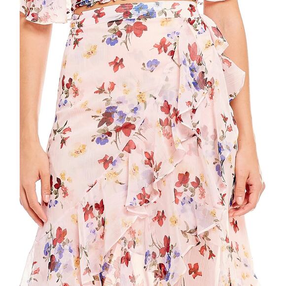Chelsea & Violet NWT Pink Floral Print Chiffon Ruffle Hi Low Tie Midi Wrap Skirt - Picture 3 of 13